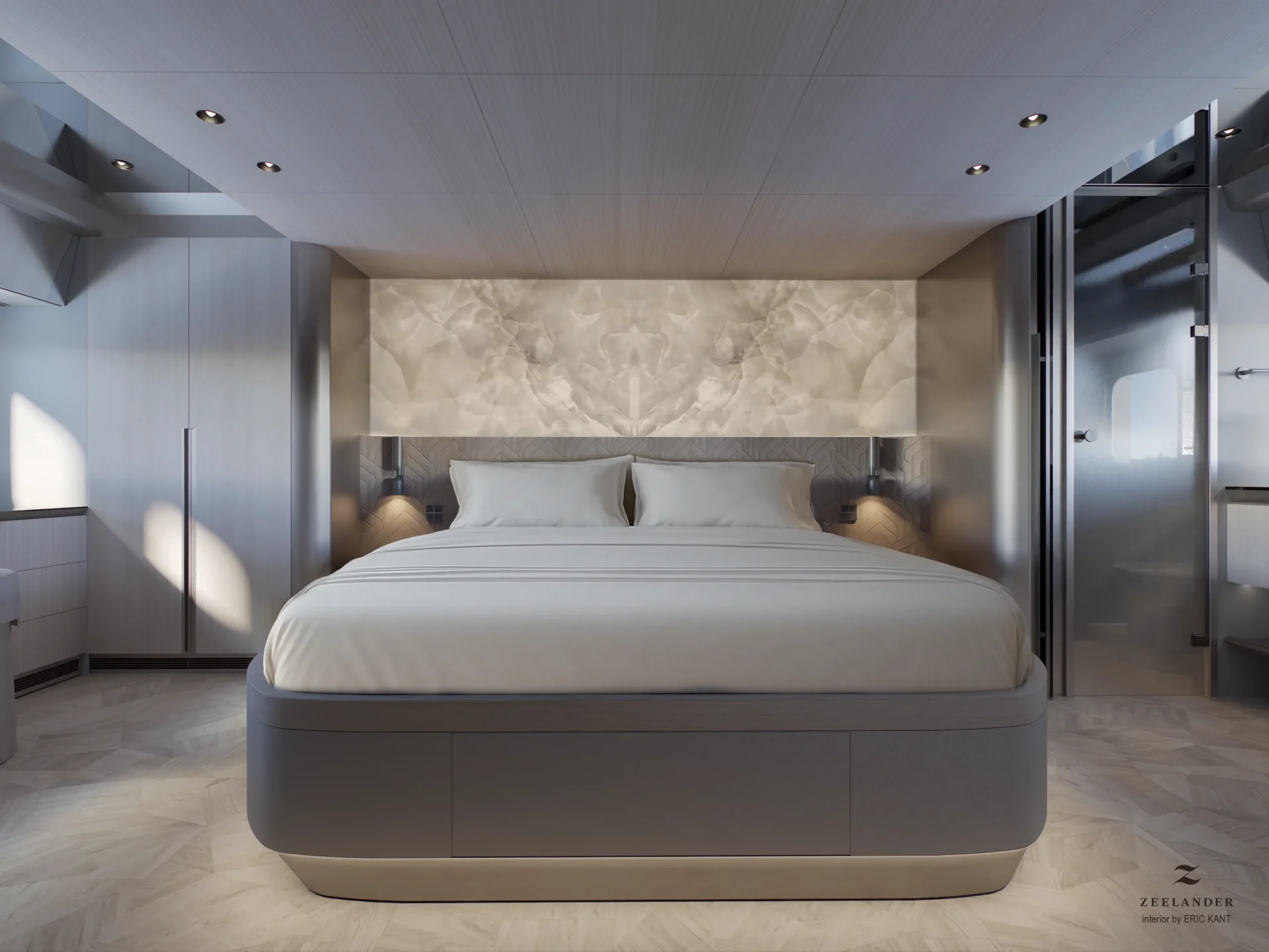 Luxury Zeelander yacht master bedroom interior by Eric Kant, front view with rounded bed, custom cabinetry and backlit onyx wall.