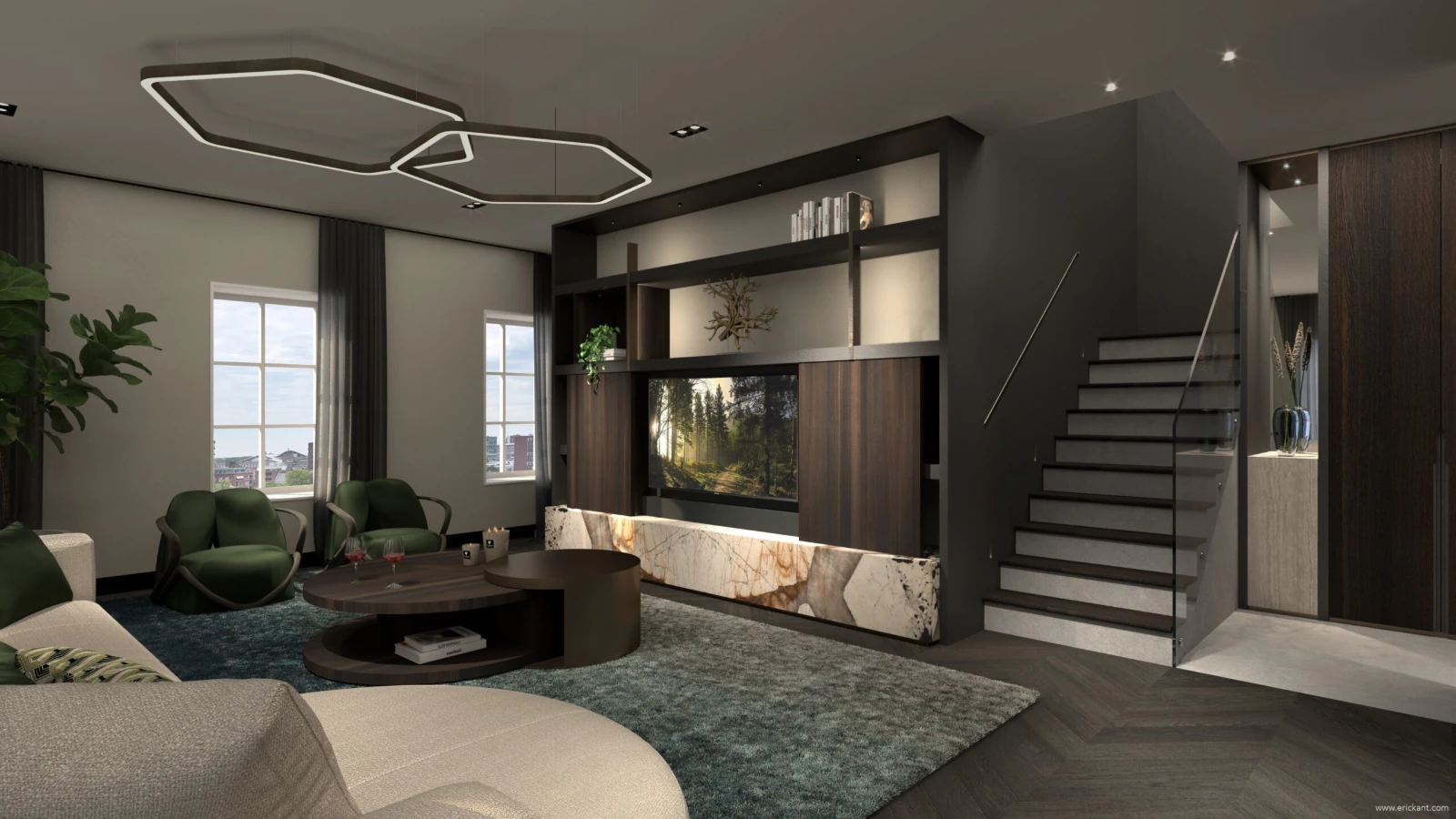 Luxe woonkamer ontworpen door Eric Kant, met groene Giorgetti Hug fauteuils, Henge Light Ring Polygonal Evo brons verlichting, een op maat gemaakte kastenwand met natuursteen en een Ferreira de Sá vloerkleed.