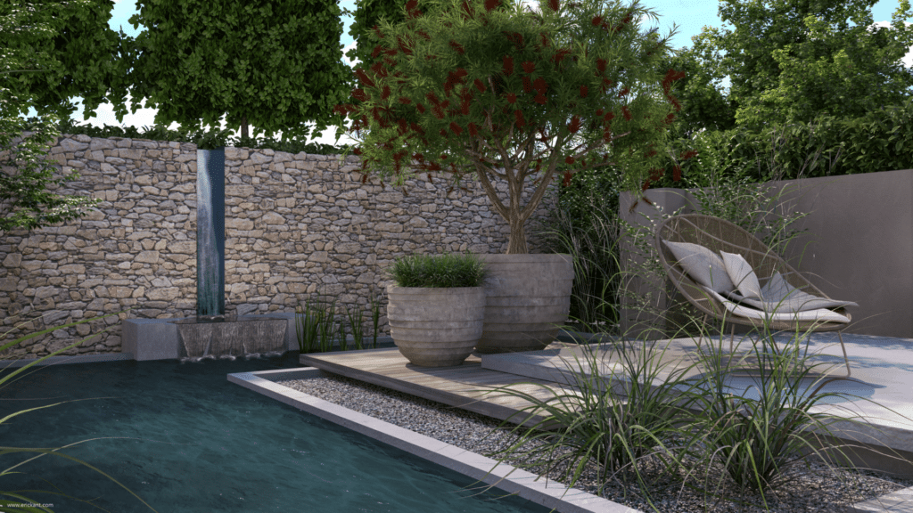 High-end tuinontwerp van project Luxury Al Fresco met een robuuste houten pergola, uitschuifbaar textiel dak, natuurstenen eettafel, zithoek en zicht op het zwembad met waterval door ERIC KANT.