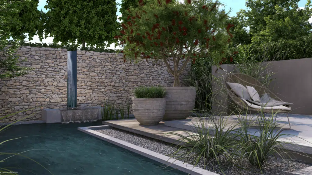 High-end tuinontwerp van project Luxury Al Fresco met een robuuste houten pergola, uitschuifbaar textiel dak, natuurstenen eettafel, zithoek en zicht op het zwembad met waterval door ERIC KANT.
