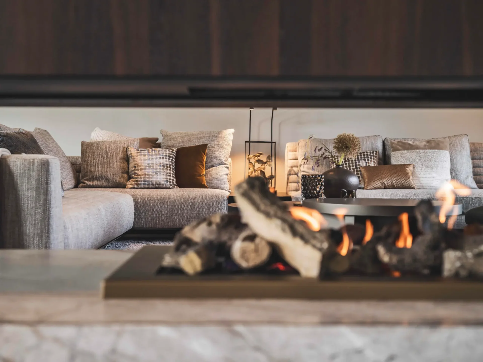 Sfeervol interieurontwerp door Eric Kant met een moderne doorkijkhaard op de voorgrond en een luxe zithoek met comfortabele banken en sierkussens op de achtergrond.