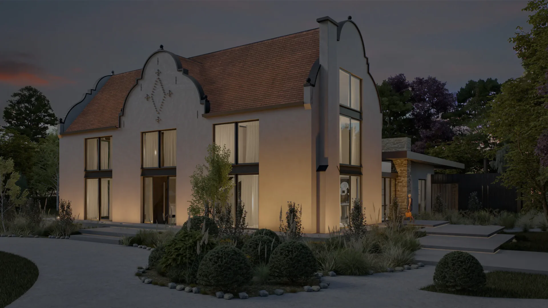 Een indrukwekkend verlichte gevel van een gerenoveerd landhuis aan de Torenlei door ERIC KANT, met monumentale topgevels, kamerhoge glazen puien en een modern verlichte tuin bij avondschemering.