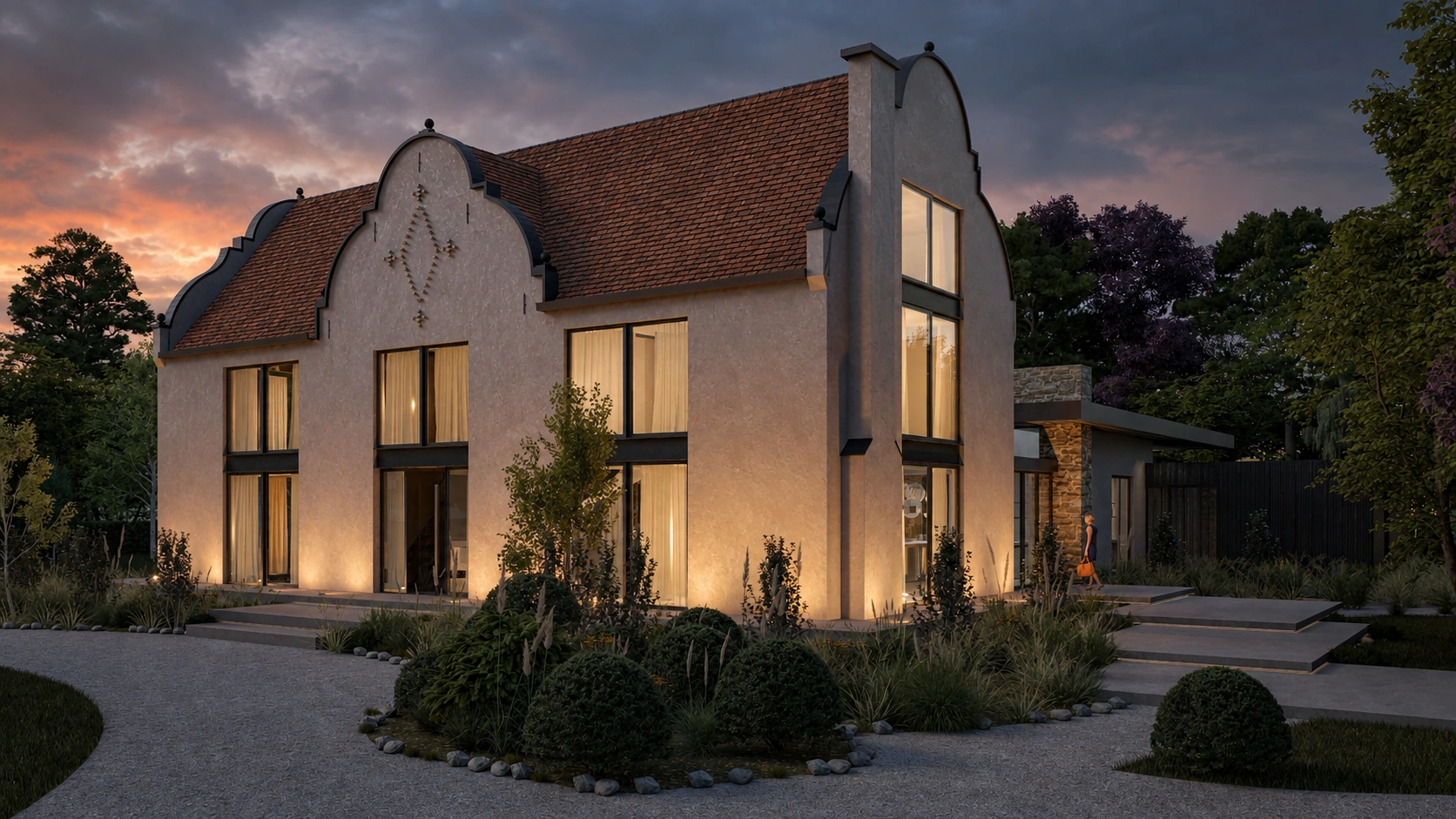 Een indrukwekkend verlichte gevel van een gerenoveerd landhuis aan de Torenlei door ERIC KANT, met monumentale topgevels, kamerhoge glazen puien en een modern verlichte tuin bij avondschemering.