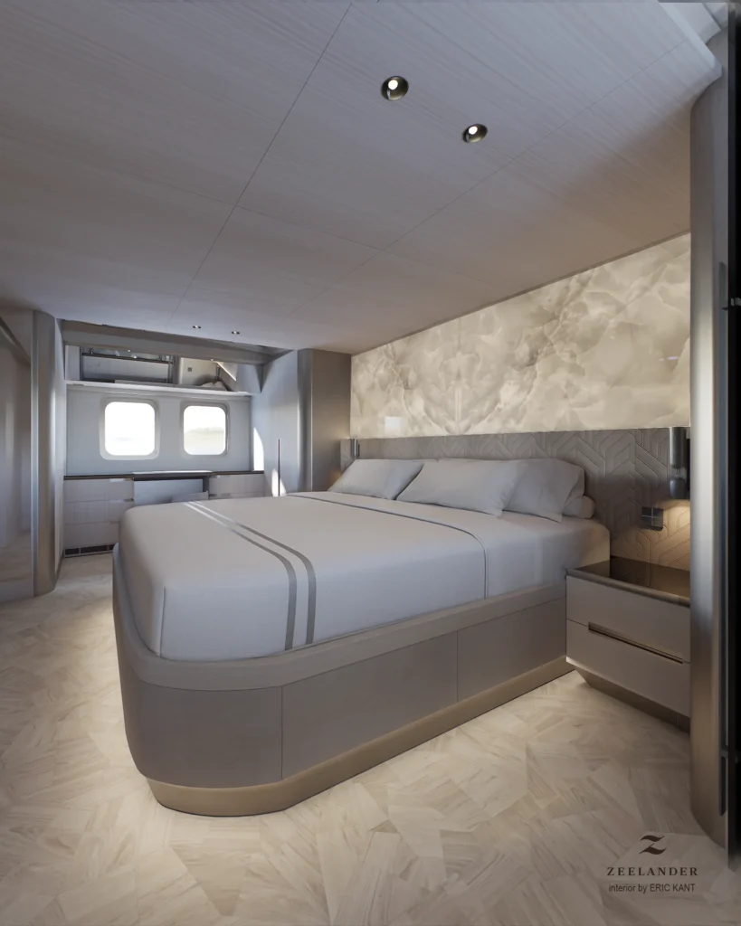Luxury modern yacht master bedroom interior design by Eric Kant for Zeelander, featuring a custom rounded bed, backlit onyx wall, and light wood flooring.
