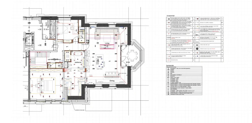 Een architectonische gevelillustratie van een moderne villa met natuursteen en glas, naast een gedetailleerd technisch installatieplan inclusief armaturenlijst en symboollegenda voor een high-end interieurproject.