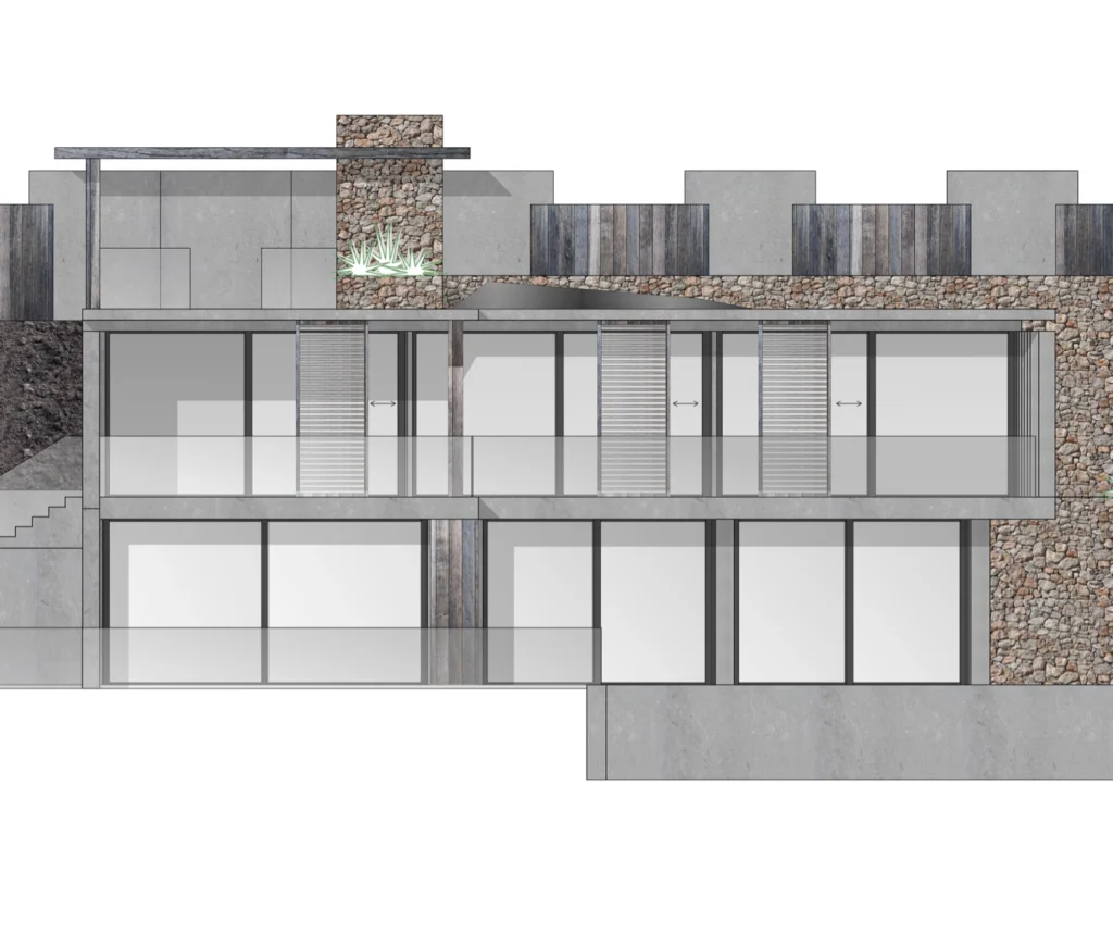 Een close-up foto van een houten werktafel in het atelier van ERIC KANT, waarop een gedetailleerde architectonische plattegrond, kleurstalen en materiaalmonsters liggen, met een computer op de achtergrond.