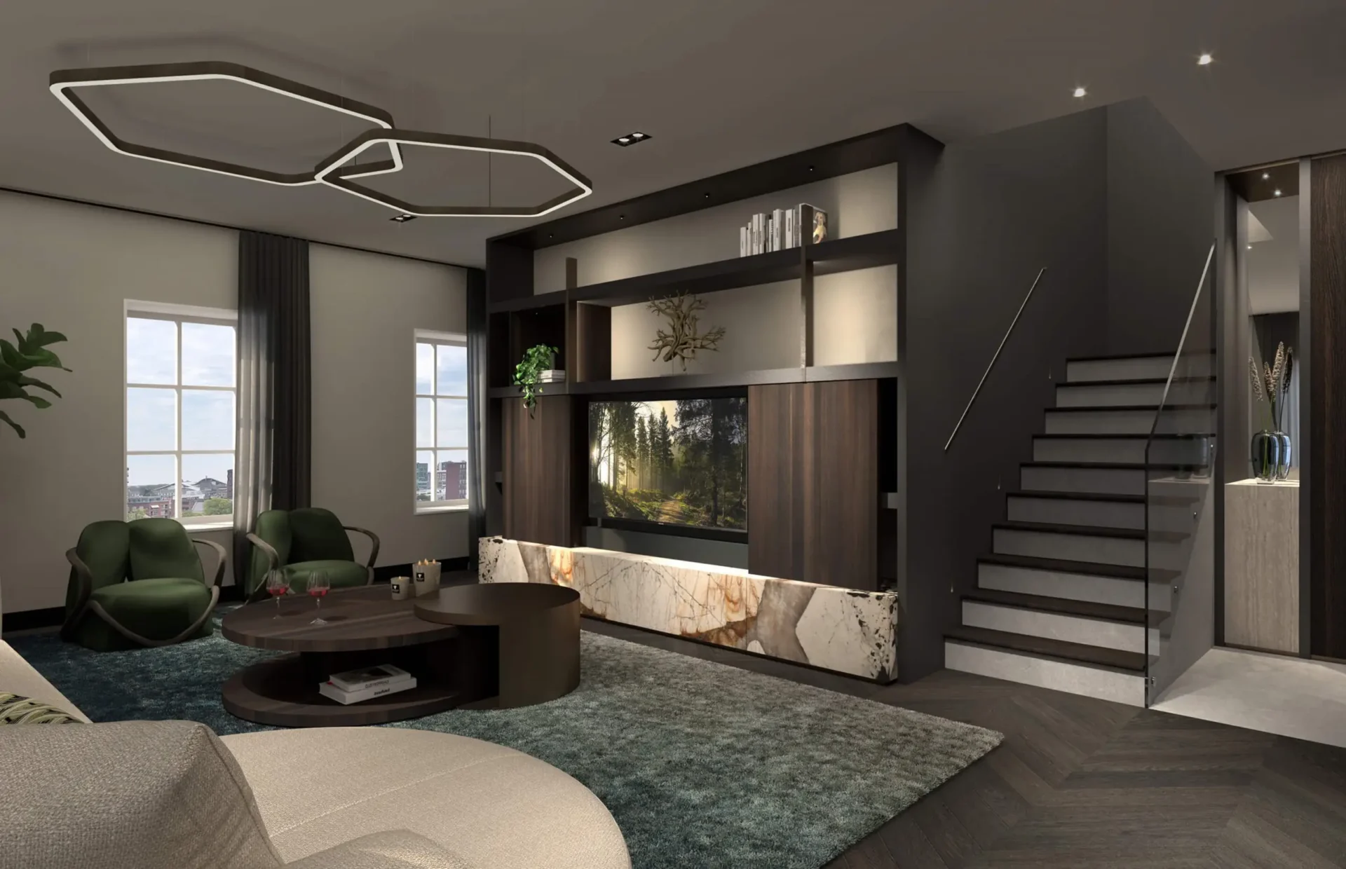 Luxe woonkamer ontworpen door Eric Kant, met groene Giorgetti Hug fauteuils, Henge Light Ring Polygonal Evo brons verlichting, een op maat gemaakte kastenwand met natuursteen en een Ferreira de Sá vloerkleed.