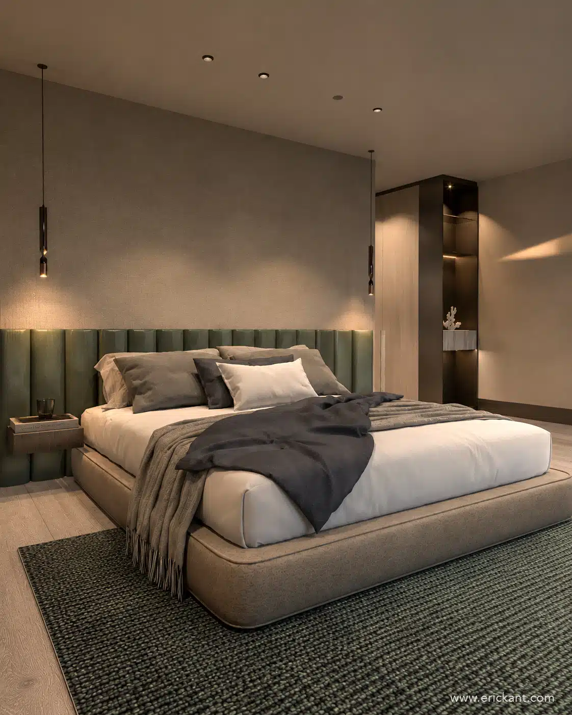 Verlichting naast bed in vorm van hanglampjes, groen bed met vloerkleed