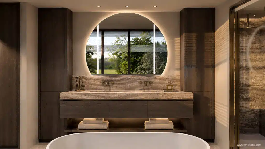 Luxe badkamer met ronde spiegel en indirect licht, donker hout en natuursteen