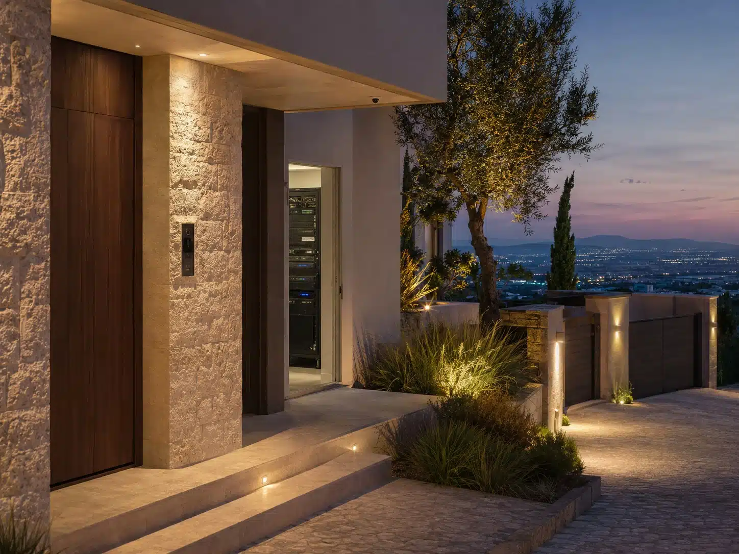 Entree van een exclusieve woning in de avond met discrete beveiliging, buitenverlichting en natuurstenen gevel