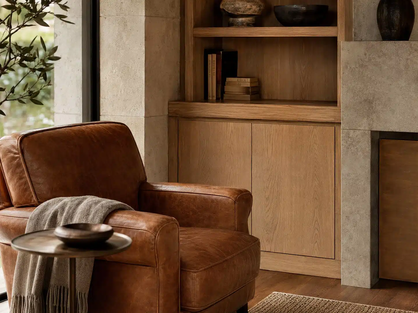 Leren fauteuil met patina naast een eiken kast en natuursteen: duurzame materialen die mooi verouderen
