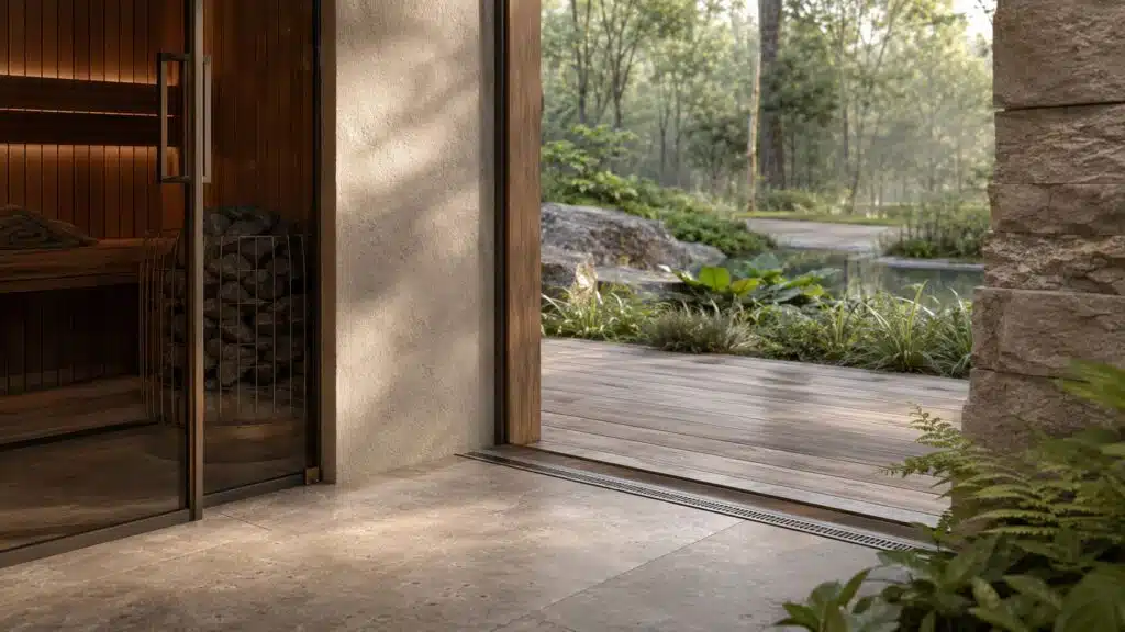 Drempelloze overgang van een natuurstenen binnenvloer naar een houten terras: materialen die binnen en buiten verbinden