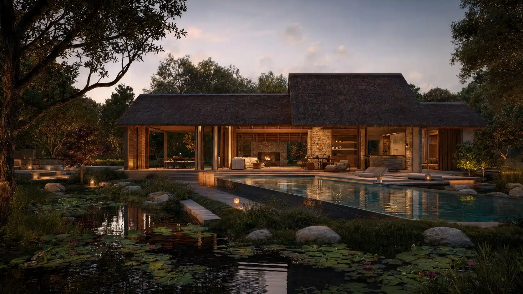 Poolhouse met lounge en open haard aan een verlicht zwembad en waterpartij in de avond