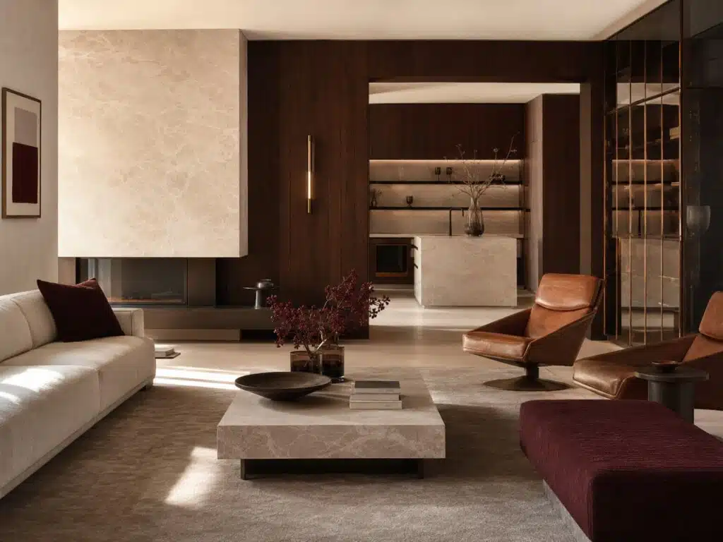Woonkamer met een tijdloos materiaalpalet van lichte natuursteen, donker hout, cognac leer en bordeaux accenten