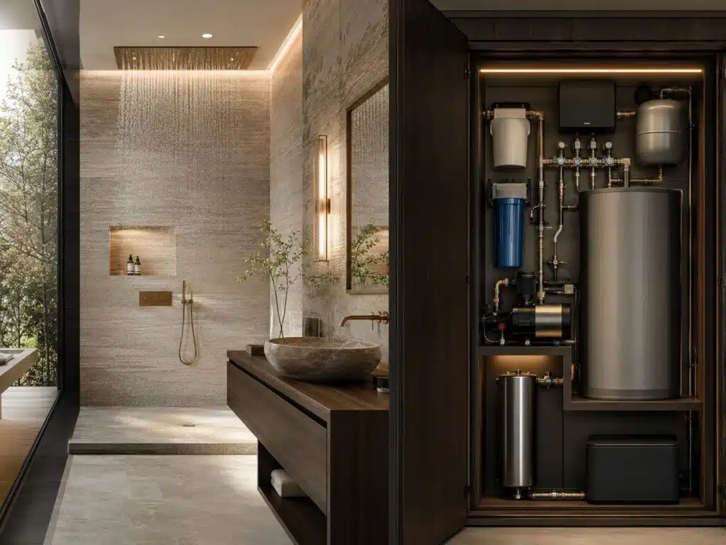 Badkamer met regendouche naast een open technische kast met boiler, waterbehandeling en verdeler voor watercomfort thuis