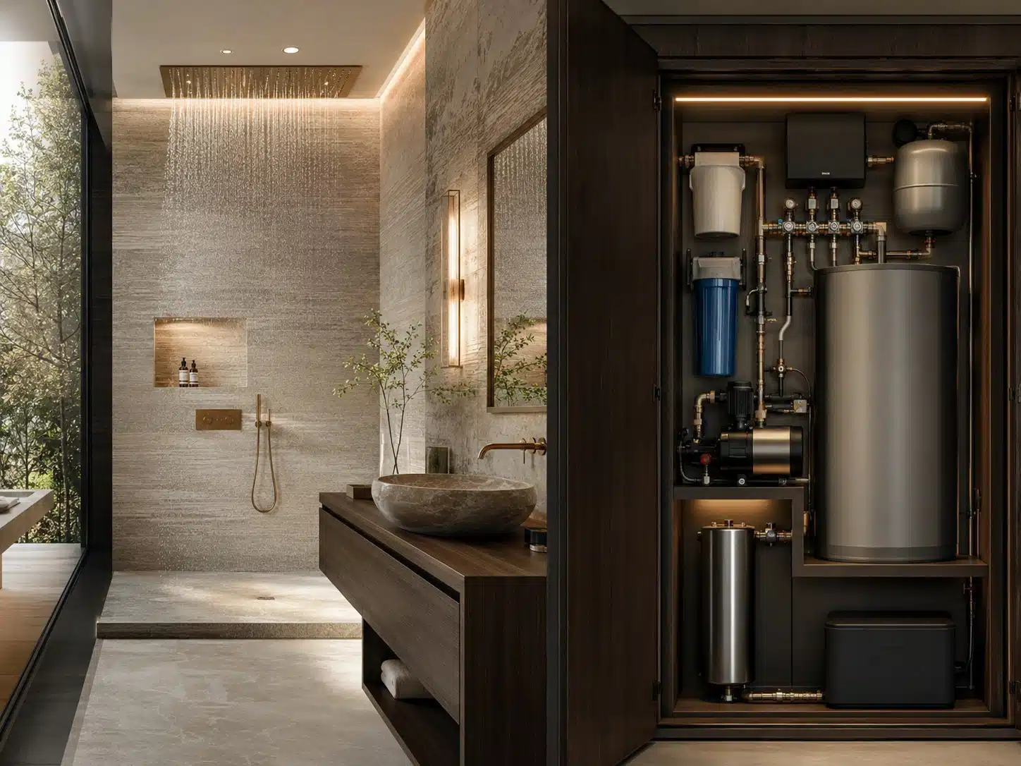 Badkamer met regendouche naast een open technische kast met boiler, waterbehandeling en verdeler voor watercomfort thuis